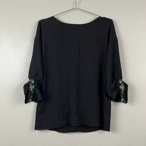 Elaine Turner Black Embroidered Sleeve Low Back Blouse Womens S